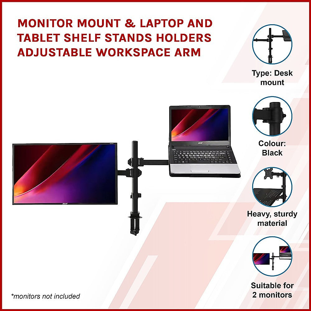 Monitor Mount & Laptop And Tablet Shelf Stands Holders Adjustable Workspace Arm