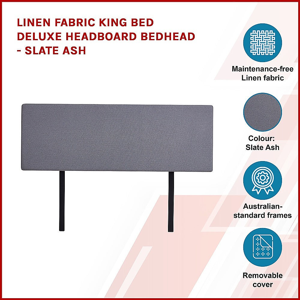 Linen Fabric King Bed Deluxe Headboard Bedhead Slate Ash