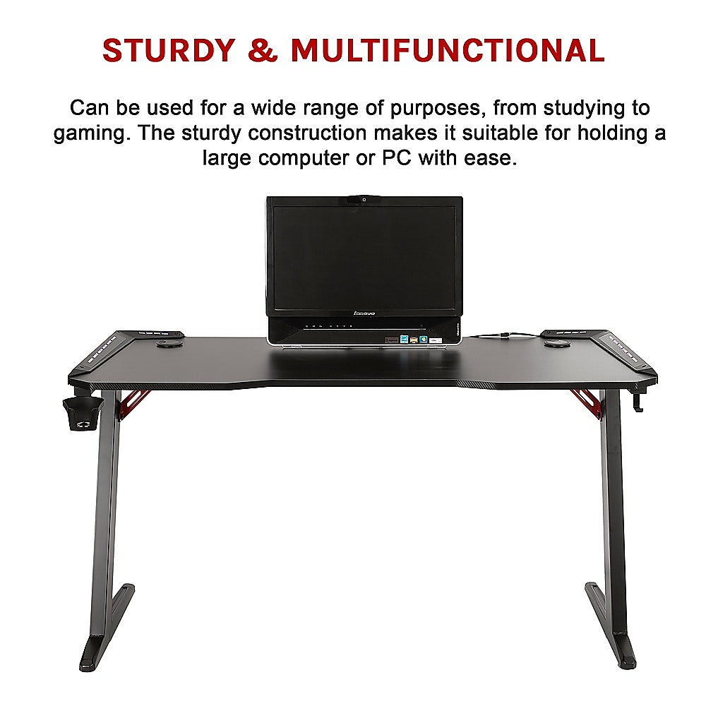 Led Gaming Desk Computer Table With Cup Holder Headphone Hook Cable Hole