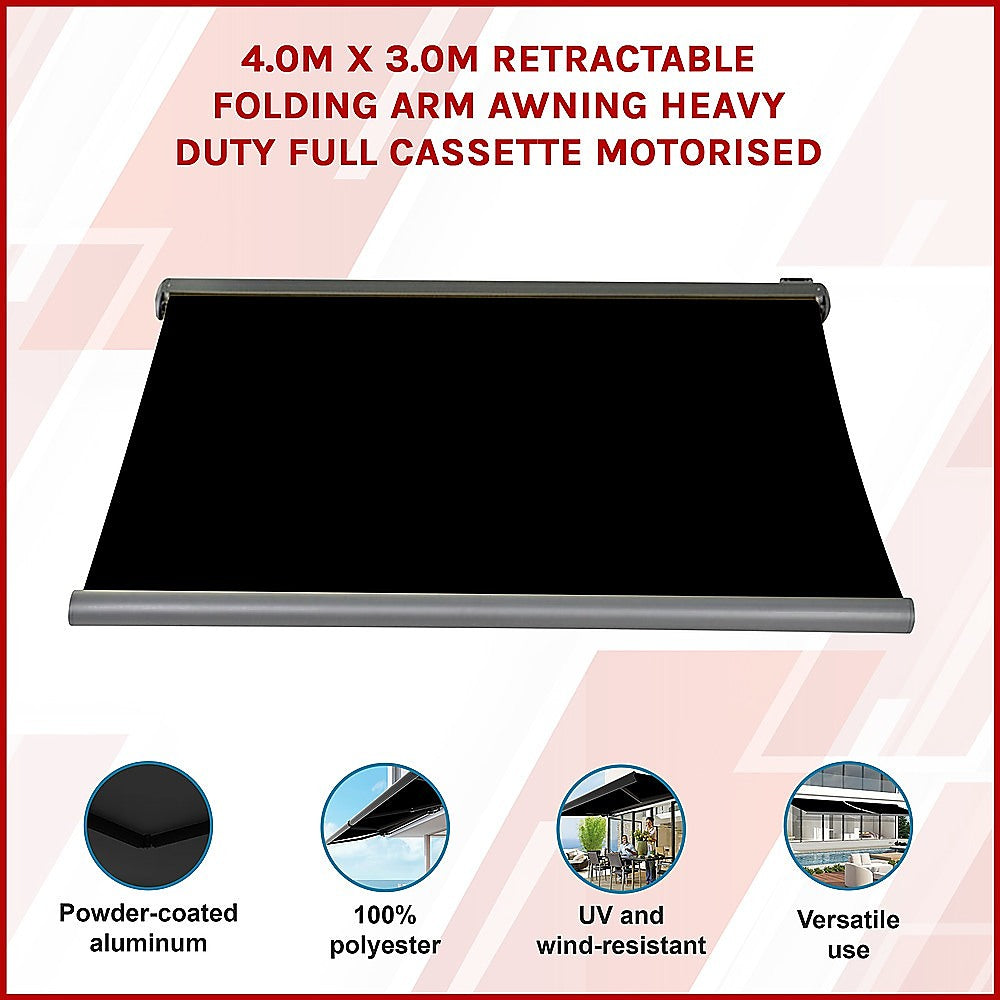 4.0M X 3.0M Retractable Folding Arm Awning Heavy Duty Full Cassette Motorised