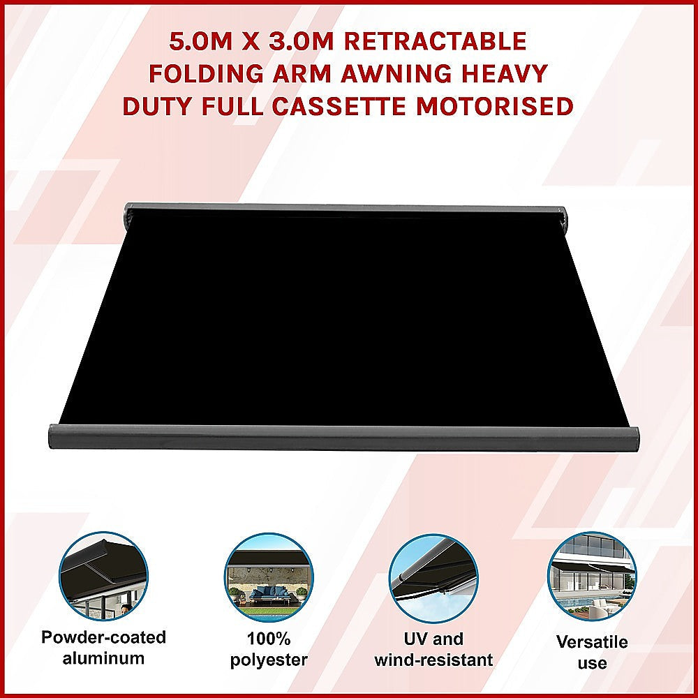 5.0M X 3.0M Retractable Folding Arm Awning Heavy Duty Full Cassette Motorised