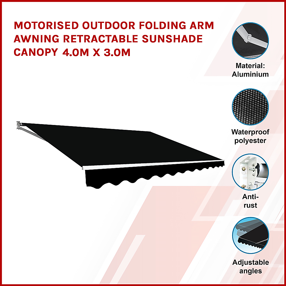 Motorised Outdoor Folding Arm Awning Retractable Sunshade Canopy Black 4.0M X 3.0M