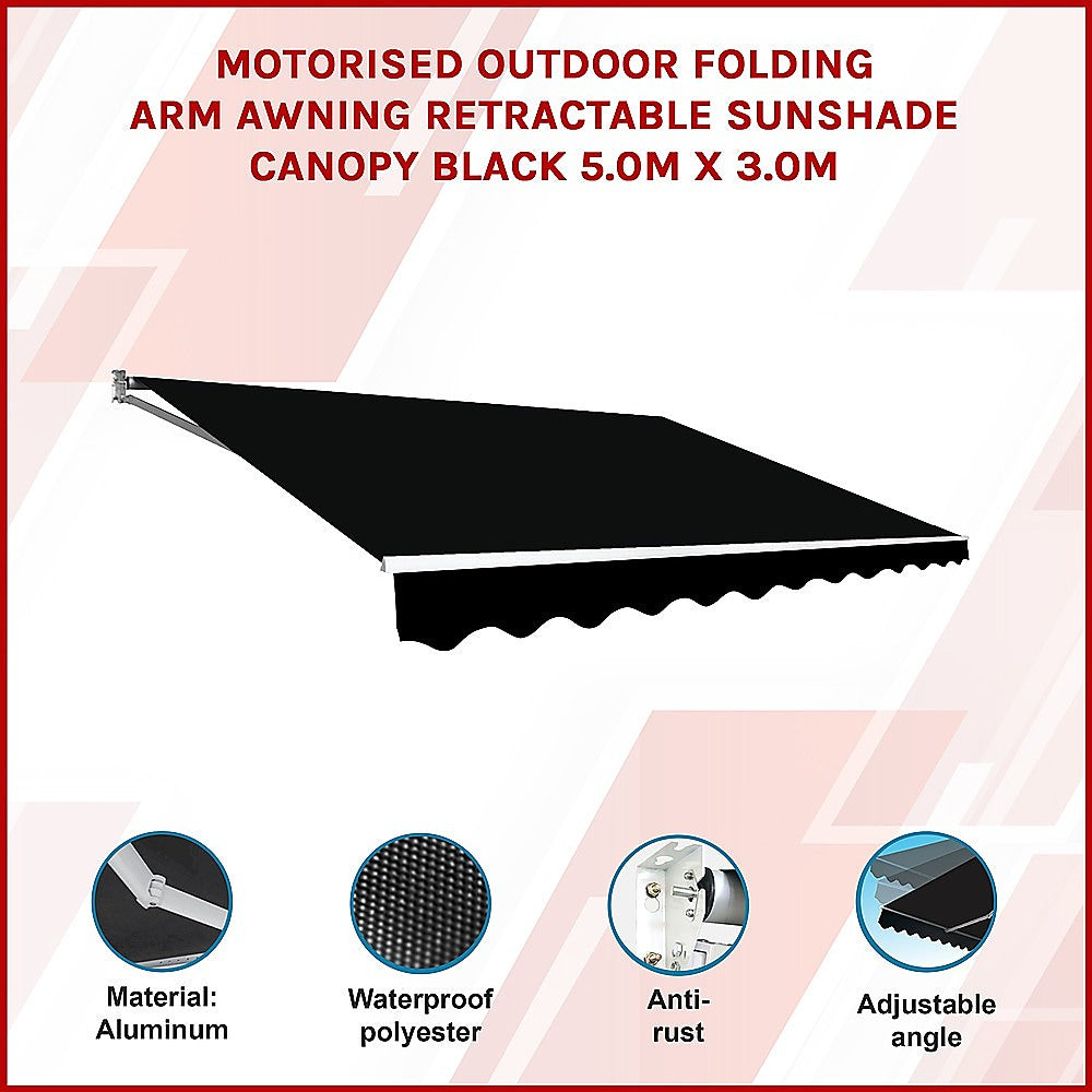 Motorised Outdoor Folding Arm Awning Retractable Sunshade Canopy Black 5.0M X 3.0M