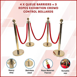 4 X Queue Barriers + 3 Ropes Exhibition Crowd Control Bollards