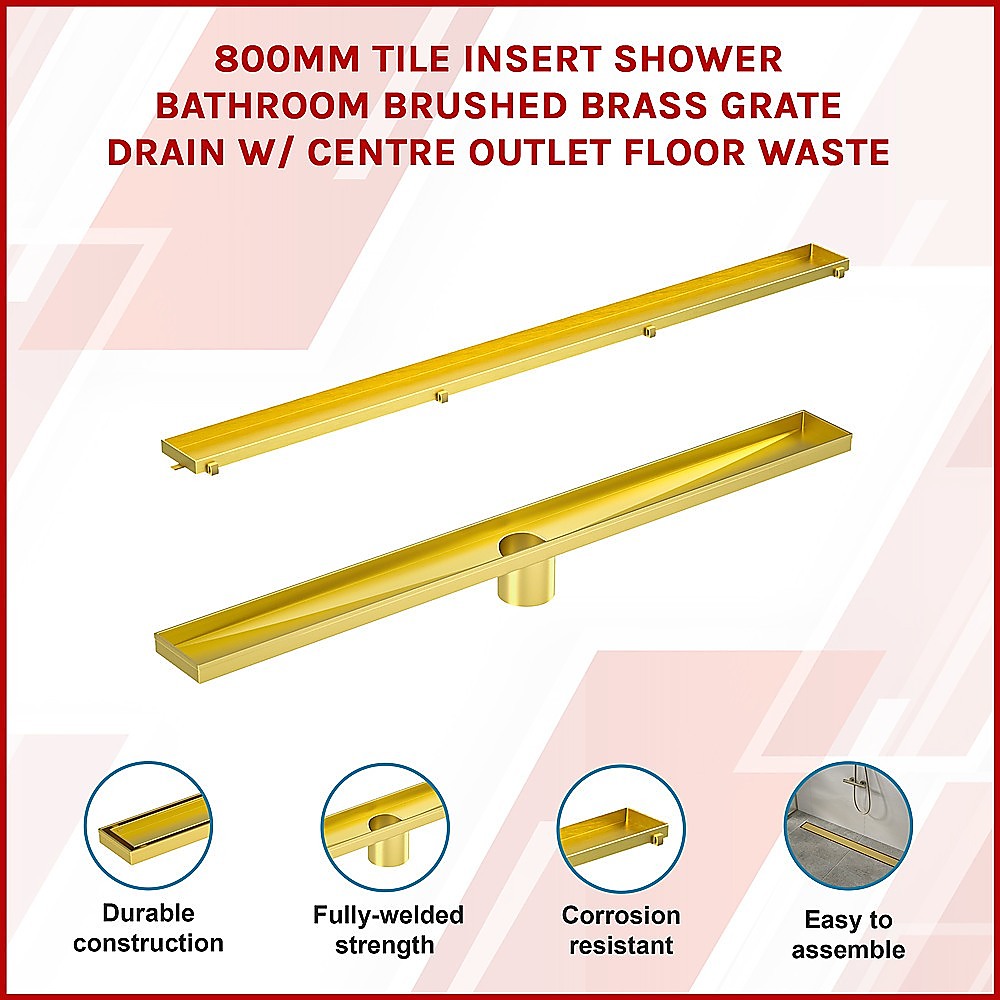 800Mm Tile Insert Shower Bathroom Brushed Brass Grate Drain W/ Centre Outlet Floor Waste