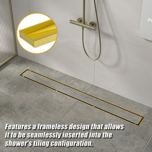 800Mm Tile Insert Shower Bathroom Brushed Brass Grate Drain W/ Centre Outlet Floor Waste