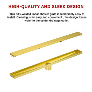 800Mm Tile Insert Shower Bathroom Brushed Brass Grate Drain W/ Centre Outlet Floor Waste