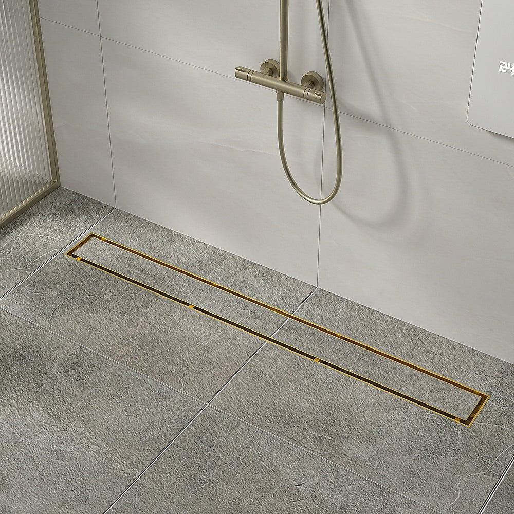 900Mm Tile Insert Bathroom Shower Brushed Brass Grate Drain W/ Centre Outlet Floor Waste