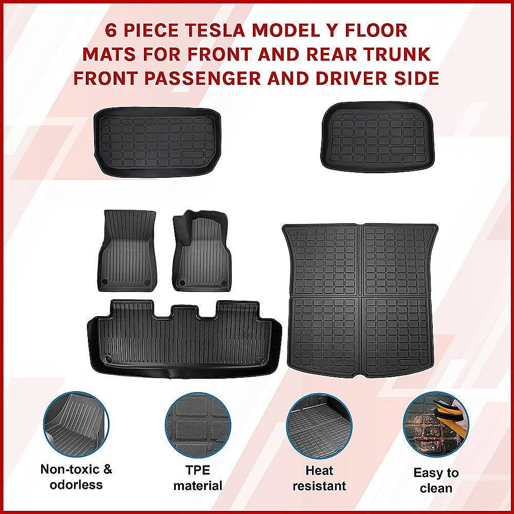 6 Piece Tesla Model Y Floor Mats For Front And Rear Trunk Passenger Driver Side