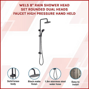 Wels 8" Rain Shower Head Set Rounded Dual Heads Faucet High Pressure Hand Held