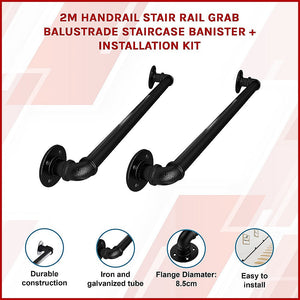 2M Handrail Stair Rail Grab Balustrade Staircase Banister + Installation Kit