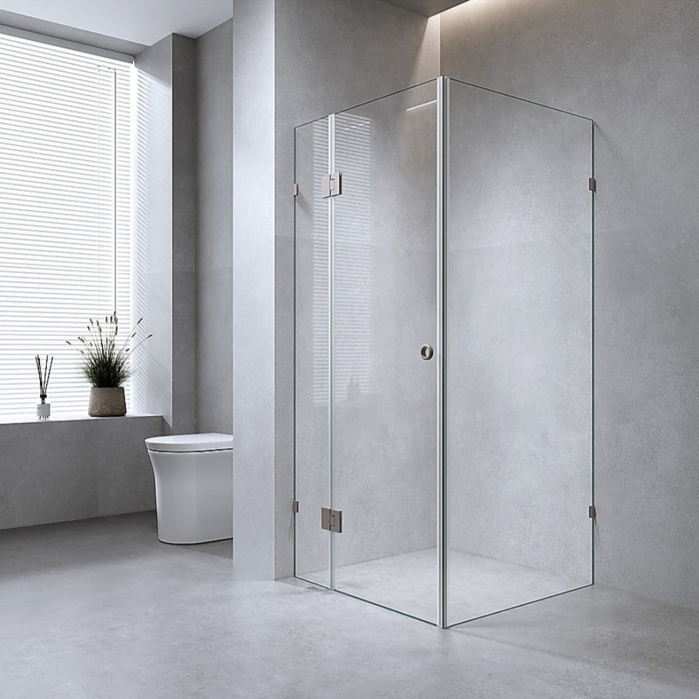 90X70cm Corner Frameless Shower Screen With Chrome Brackets And Ss Hinges Round Handle