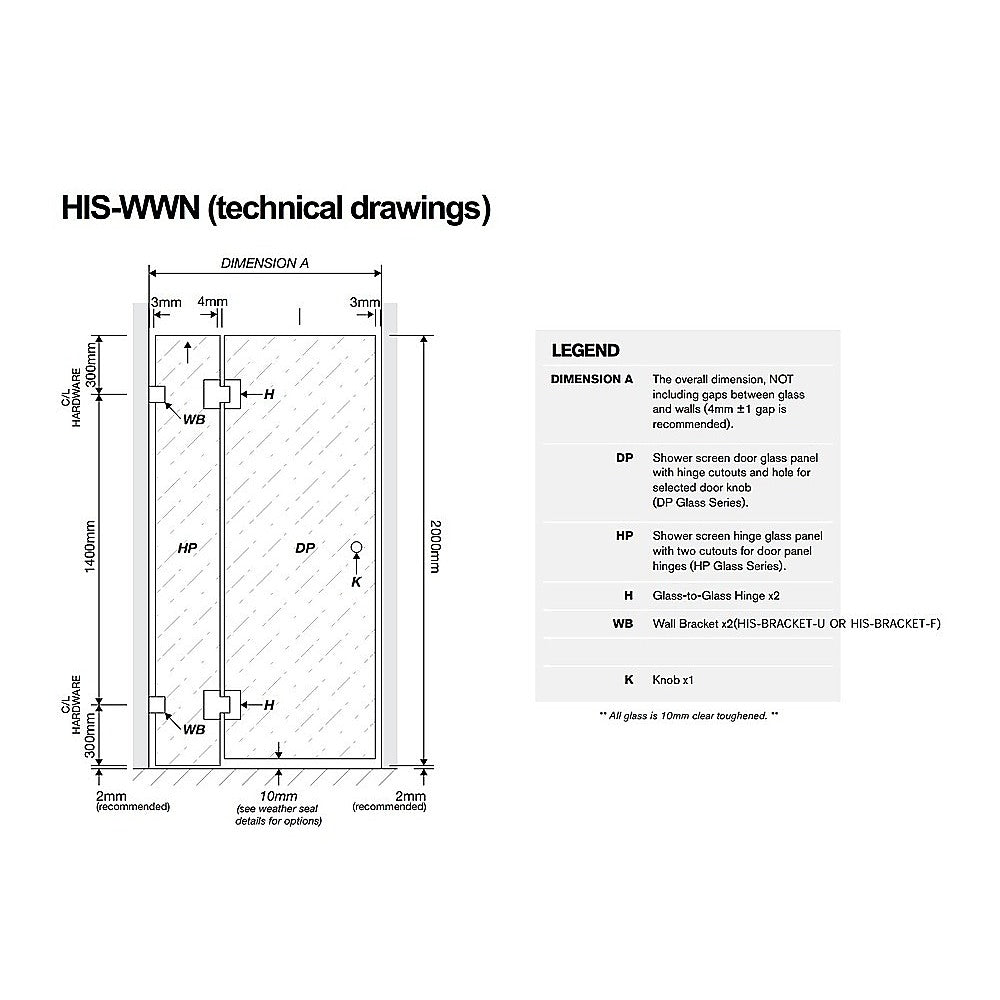 90X70cm Corner Frameless Shower Screen With Chrome Brackets And Ss Hinges Round Handle