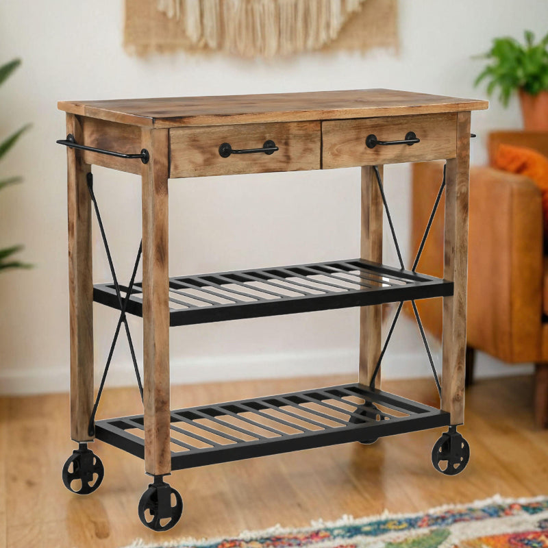 Hardwood Butlers Trolley On Wheels Distressed Finish