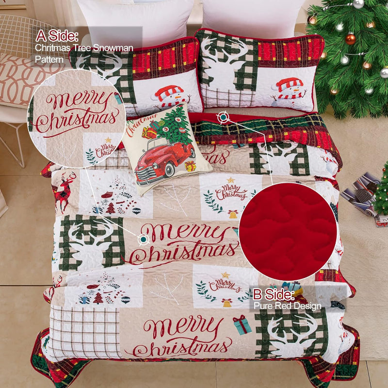 Festive Snowman Merry Christmas Queen Bedspread Set