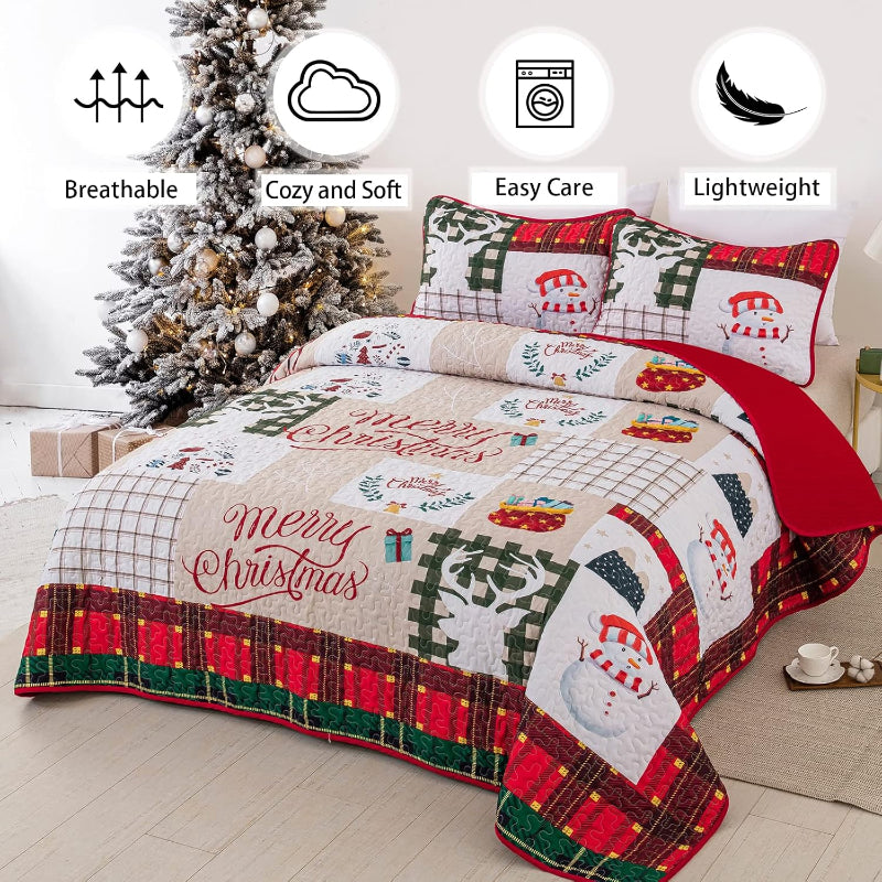 Festive Snowman Merry Christmas Queen Bedspread Set