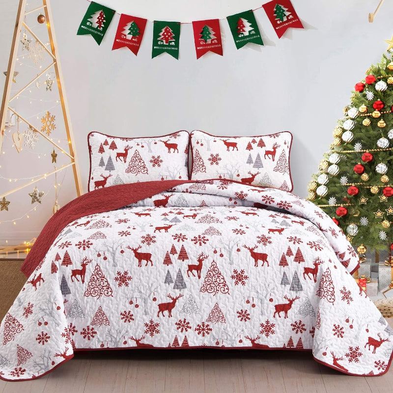 Snowflake Pattern Nordic Christmas Queen Bedspread Set