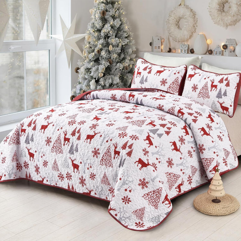 Snowflake Pattern Nordic Christmas Queen Bedspread Set