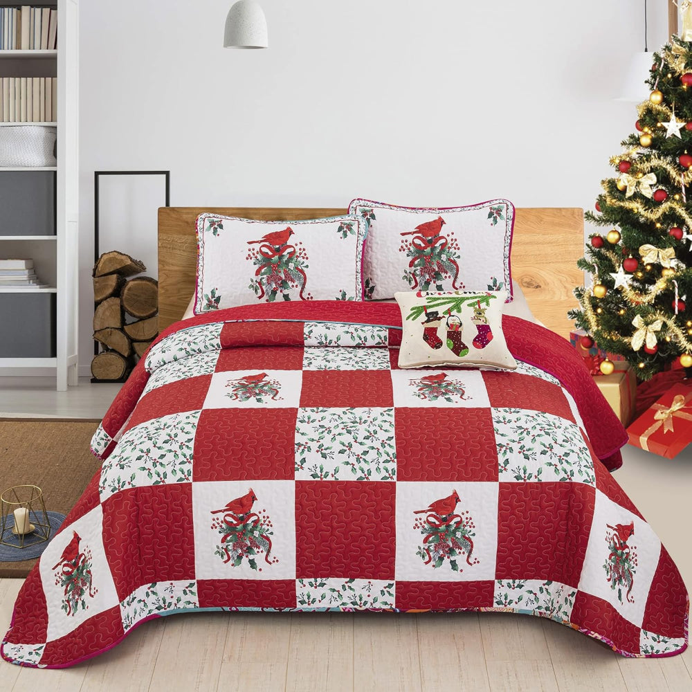 Elegant Red Greem & White Christmas Queen Bedspread Set