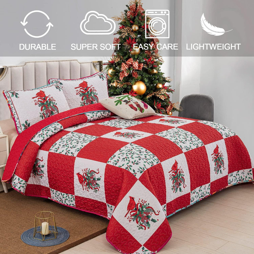 Elegant Red Greem & White Christmas Queen Bedspread Set