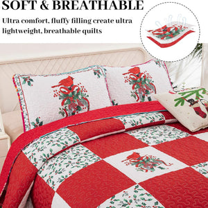 Elegant Red Greem & White Christmas Queen Bedspread Set