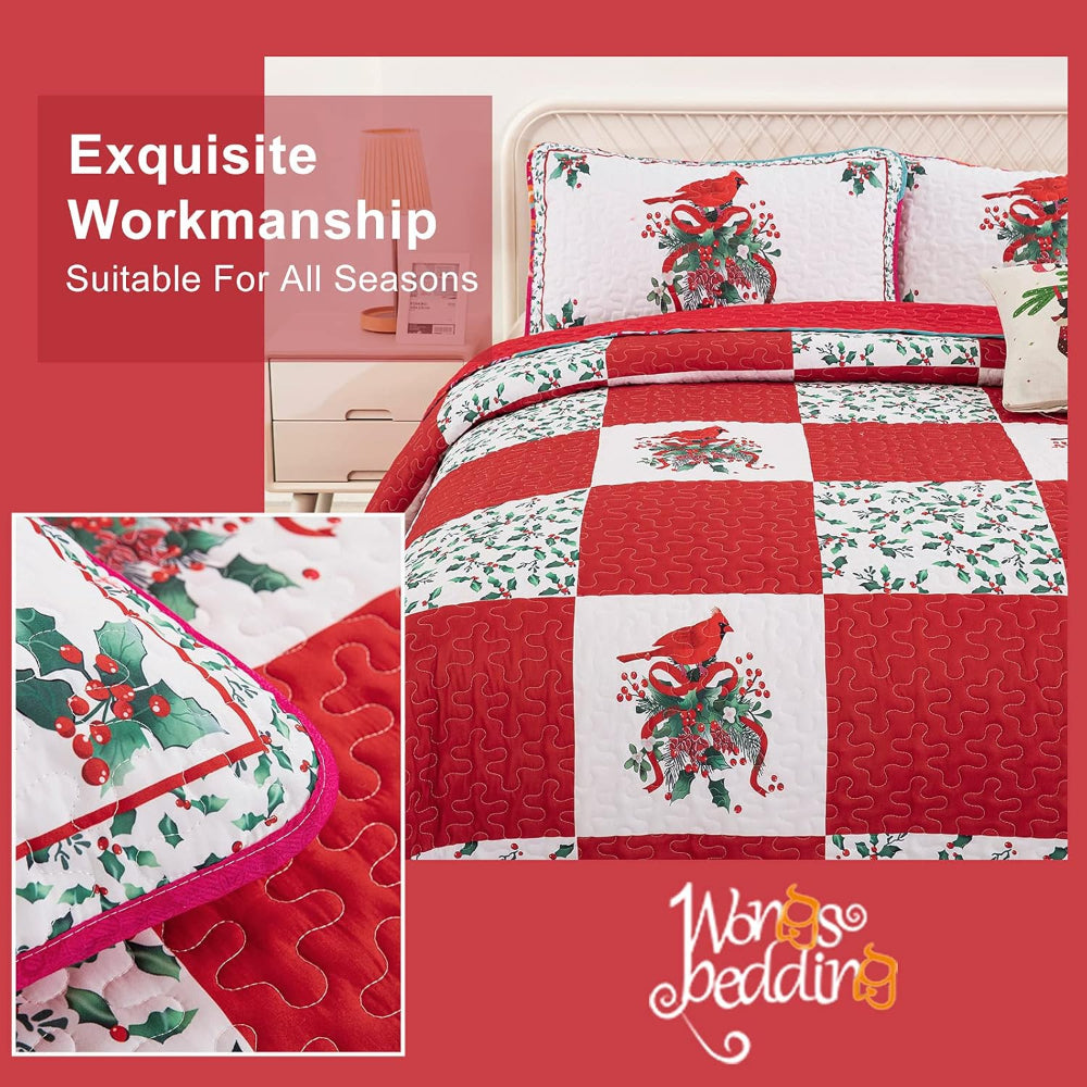 Elegant Red Greem & White Christmas Queen Bedspread Set