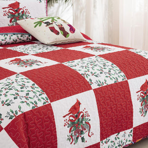 Elegant Red Greem & White Christmas Queen Bedspread Set