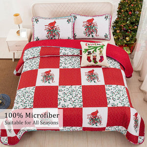 Elegant Red Greem & White Christmas Queen Bedspread Set