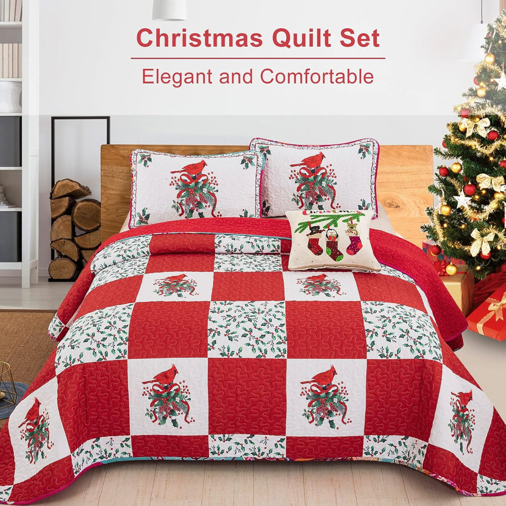 Elegant Red Greem & White Christmas Queen Bedspread Set