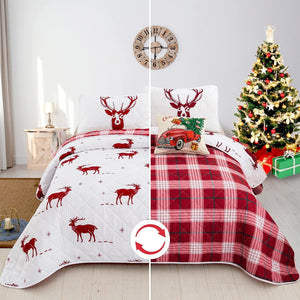 Joyful Red And White Reindeer Pattern Reversible Christmas Queen Bedspread Set