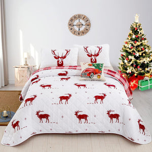 Joyful Red And White Reindeer Pattern Reversible Christmas Queen Bedspread Set