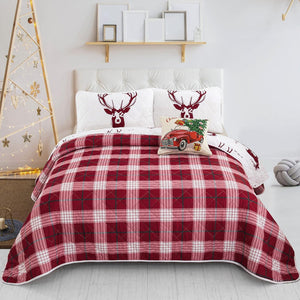 Joyful Red And White Reindeer Pattern Reversible Christmas Queen Bedspread Set