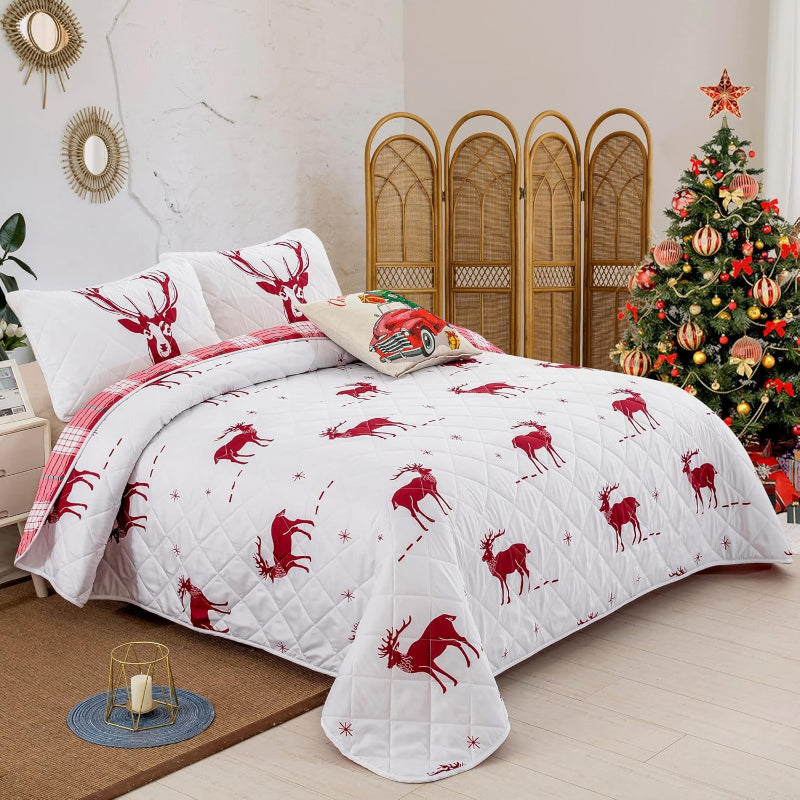 Joyful Red And White Reindeer Pattern Reversible Christmas Queen Bedspread Set