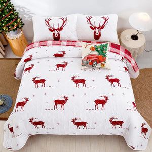 Joyful Red And White Reindeer Pattern Reversible Christmas Queen Bedspread Set