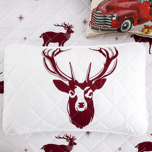 Joyful Red And White Reindeer Pattern Reversible Christmas Queen Bedspread Set