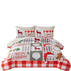 Joyful Santa & Reindeer Christmas Queen Bedspread Set