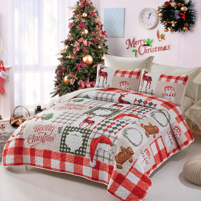 Joyful Santa & Reindeer Christmas Queen Bedspread Set