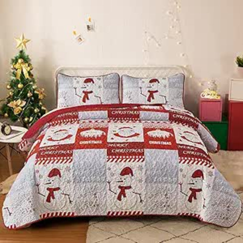 Winter Wonderland Snowman Santa Christmas Queen Bedspread Set