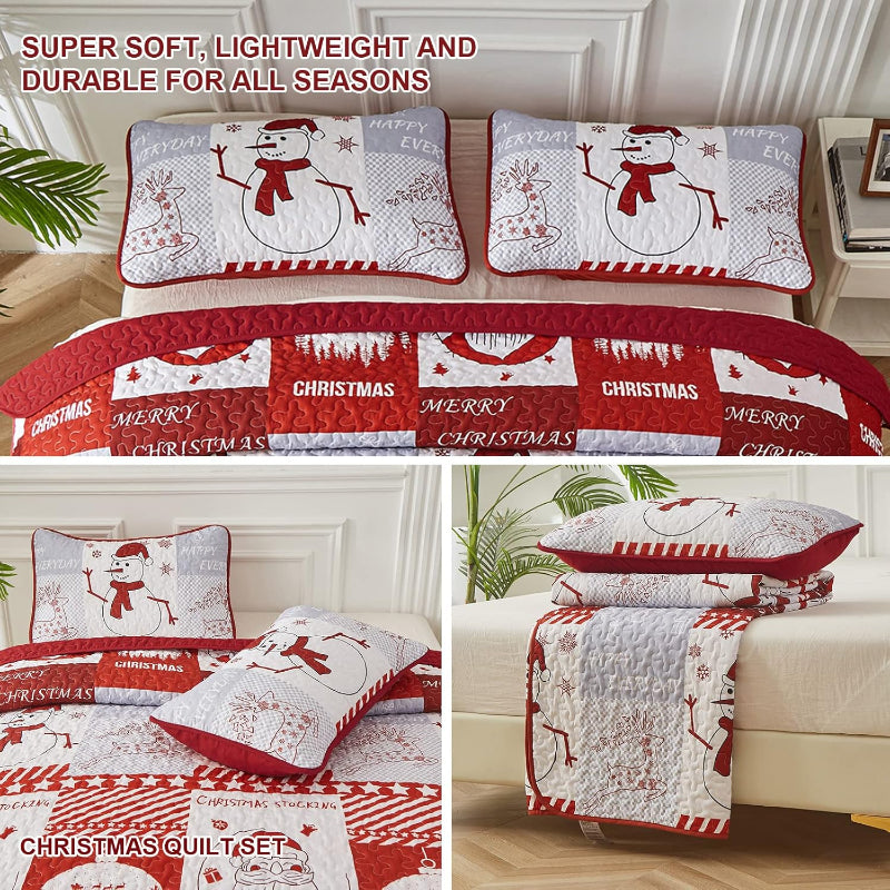 Winter Wonderland Snowman Santa Christmas Queen Bedspread Set