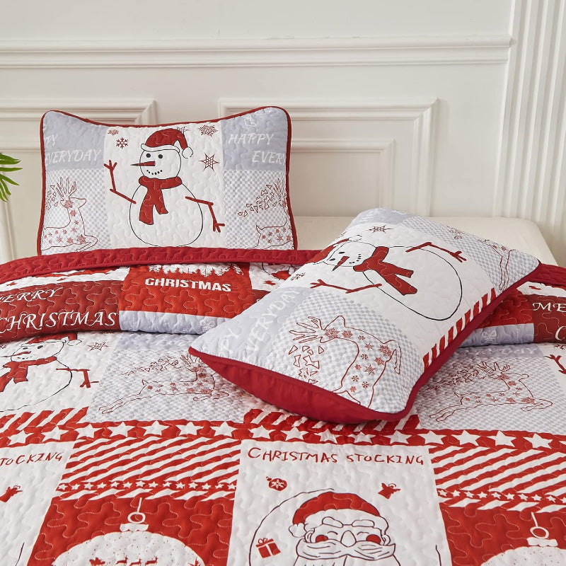 Winter Wonderland Snowman Santa Christmas Queen Bedspread Set