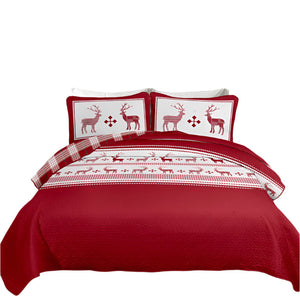 Joyful Red & White Reindeer Christmas Queen Bedspread Set