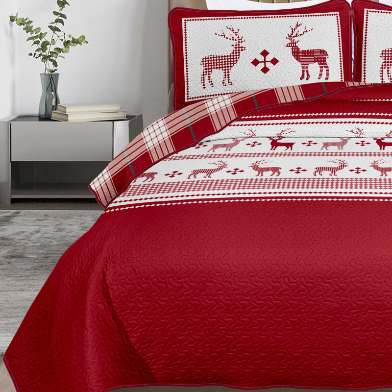 Joyful Red & White Reindeer Christmas Queen Bedspread Set