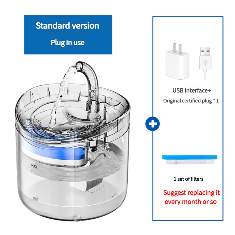 Standard Version Pet Water Fountain With Usb Interface And Certified Plug Transparent Design