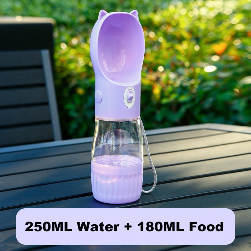 Purple Portable Dog Water Bottle With Built In Bowl Dispenser 250Ml Water180ml Food Capacityleak Proof For Travel And Wa