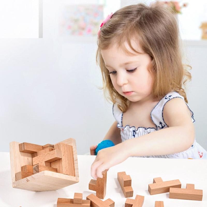 Wooden Brain Teaser Puzzle 3D Cube Game For Adults And Kids Natural Block (2.75 Inches)