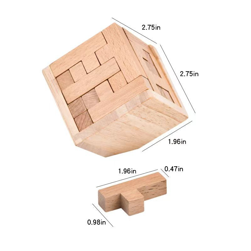 Wooden Brain Teaser Puzzle 3D Cube Game For Adults And Kids Natural Block (2.75 Inches)