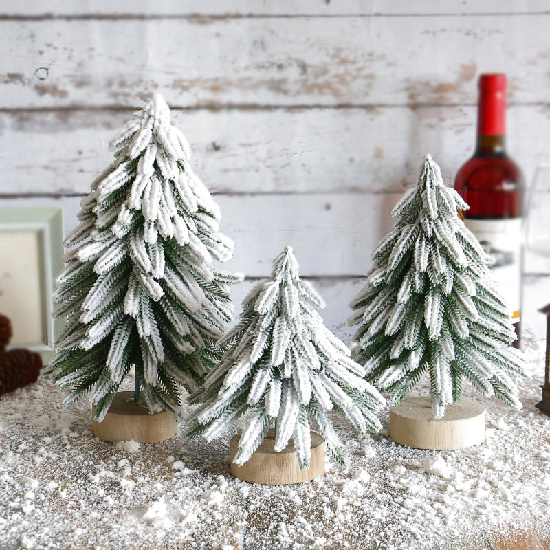 Miniature Snowy Artificial Pine Tree Decoration 11.42 Inch Tabletop Christmas With Wooden Base