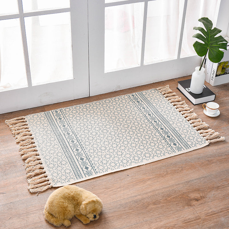 Bohemian Cotton Area Rug With Tassels Geometric Pattern Decorative Floor Mat 60*90Cm