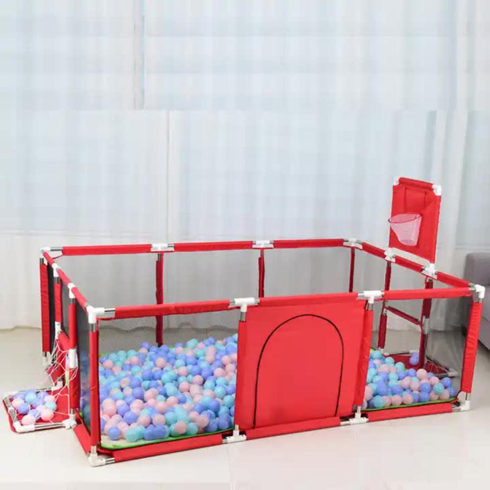 Large Kids Playpen With Basketball Hoop & Soccer Goal 74X50 Inches Baby Safety Activity Center Indoor Outdoor Yard (Red)