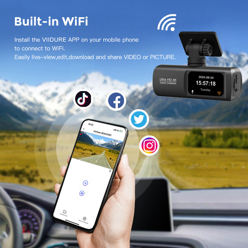 4K Car Dash Cam Front And Rear Dual Recording Wi Fi Connectivity Gps Tracking 1080P + Resolution